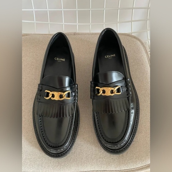Celine Glossy Black Loafers with Gold Detail - Picture 6 of 9